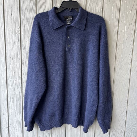 VTG Mens 100% Cashmere Polo Sweater L Hong Kong Blue Soft 2-Ply Knit - Picture 1 of 6